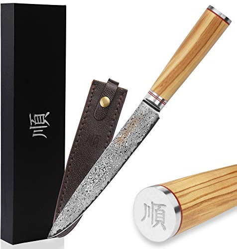 YOUSUNLONG Cuchillo para trinchar sushi japonés Sashimi 8 pulgadas (20,32 cm) - 67 capas de acero de Damasco de madera de olivo italiano con funda de cuero