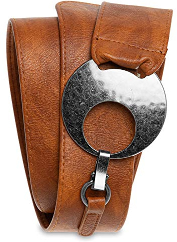 Caspar GU225 Breiter Damen Gürtel mit großer runder Metallschnalle, Gürtelgröße:110, Farbe:cognac