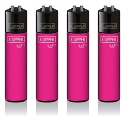Original Clipper Feuerzeuge Einfarbig 4er Set (z.B. Soft Touch, Crystal, Metalic, solid Fluro) + 1 Clipper DHOBIA Feuerzeug GRATIS (Soft Touch Fluo Pink)