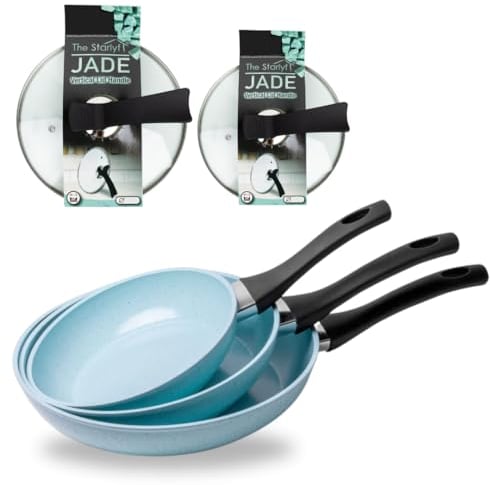 Poêles antiadhésives, STARLYF JADE PAN, SET 5-PIÈCES, 3 poêles + 2 couvercles en verre, cuisine saine, cuisson par induction, haute résistance aux rayures et à l'abrasion, Sans PFOA ni PFOS