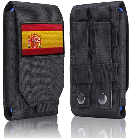 Black Tactical Molle Waterproof Cellphone Pouch Case,Heavy Duty Phone Holster Bag for iPhone 11 12 13 Pro Max Samsung S22 S21 S20 FE Note 20 A02S Less 6.7 Phone with 1 Pack Spain Flag Patch