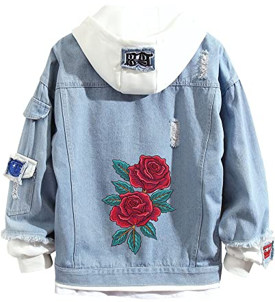 Lpstop Rote Rose Blumendruck Jeansjacke Grafik Hoodie Y2K Leichte Jacke für Teenager Erwachsene