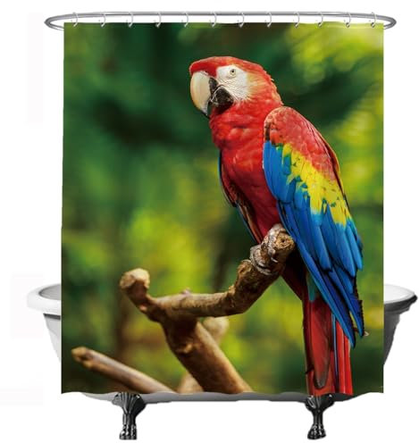 Ulticool Duschvorhang – Papagei Vogel Tiere Natur - 180 x 200 cm - Waschbar - Anti Schimmel - mit 12 Ringen – Grün
