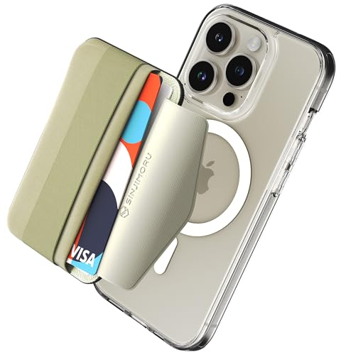 Sinjimoru Magnetischer Handy Kartenhalter für MagSafe mit elastischem Fingerhalter, Handy Kartenetui mit weichem Band kompatibel mit MagSafe Wallet für iPhone 16, 15, 14, 13 & 12 Reihe. M-Band Beige