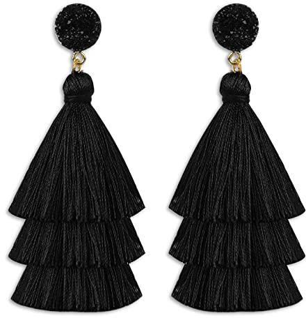 Layered Quasten Ohrringe Boho Fransenohringe Thread Tassel Ohrringe Quaste Anhänger Bohemian Ohrringe mit Fransen Schwarz Damen Quastenohrringe