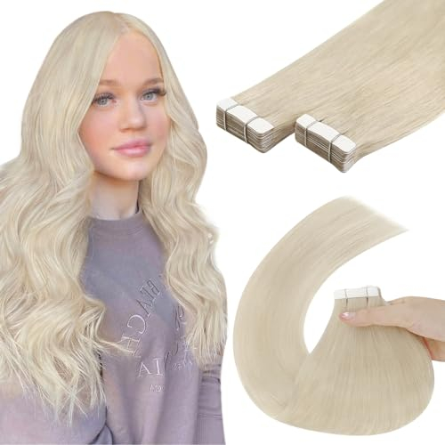YoungSee Tape Extensions Platinblond Tape Extensions Echthaar Blond 40 cm Echthaar Extensions Tape Seamless Tape in Extensions Echthaar 50g Tape Haarverlangerung Echthaar fur Damen #60A