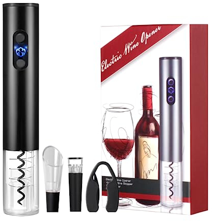 Tire-Bouchon à Vin Électrique. Ouvre-bouteille de Vin avec Coupe-feuille, Verseur de Vin, Bouchon sous Vide. Acier inoxidable. Fonctionne avec 4 piles AA (non incluses).