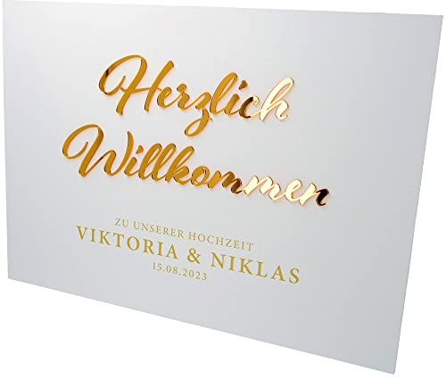 Goodtimes Willkommensschild Hochzeit mit persönlichen Namen & Datum 70x50 Gold