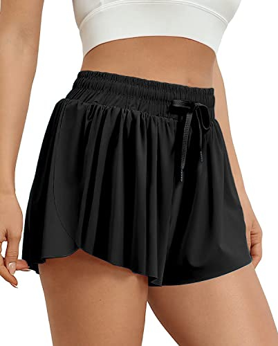 VIGVAN Damen 2 in 1 Flowy Running Shorts Yoga Biker Schnelltrocknende Gym Fitness Shorts, Schwarz, XS