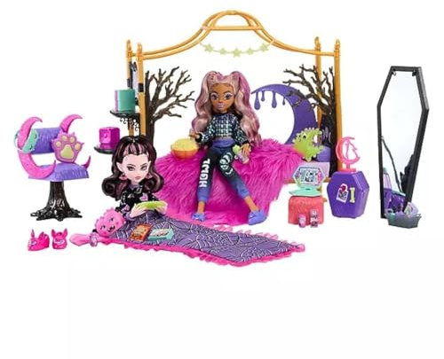 Monster High Creepover Schlafzimmer-Spielset – mit Draculaura, Clawdeen Wolf mit über 20 fabelhaften Teilen für das ultimative gruselige Erlebnis