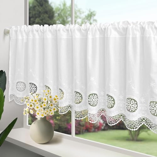 choicehot Baumwolle Küchen Vorhang, Landhausstil Scheibengardine Vintage 50 cm Hoch, Weiß Bistrogardine Retro Vorhänge, Fensterdekoration für Schlafzimmer Wohnzimmer, HxB 50x150cm