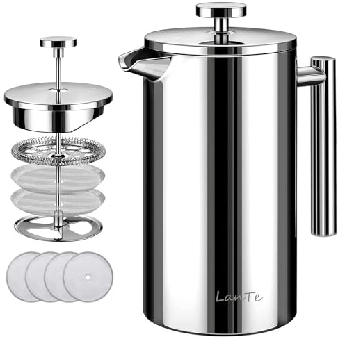 French Press Kaffeemaschine, 1,5 l, doppelt isoliert, 304 Edelstahl, Teebereiter, 4-stufiges Filtrationssystem, kein Kaffeesatz, rostfrei, spülmaschinenfest, 1,4 l Kaffeepresse für Familienparty