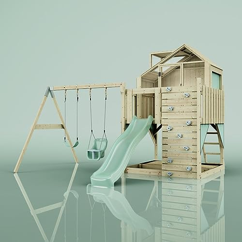 Rebo Spielturm mit Spielhaus inkl. Wellenrutsche und 2X Kinder-Schaukel, Outdoor Klettergerüst Garten,Mintgrün