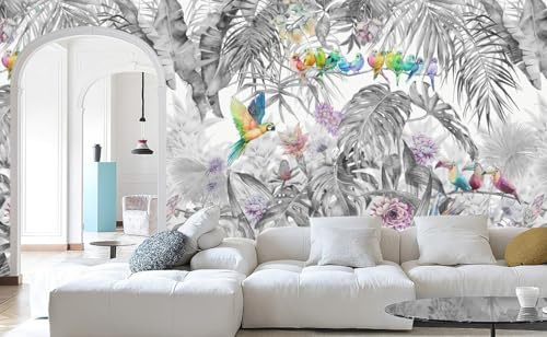 3D Papier Peint Panoramique Jungle Soie Tropicale, 356 X 250 cm Noir et Blanc Plantes Fleur, Feuille, Oiseau Perroquet Grandes Murales Poster pour Salon, Adulte Chambre d'enfants, Étude Décoration