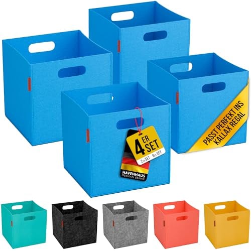 Havenhaus Filzkorb faltbar 4er Set blau 30x30x30cm | 4er Set Boxen Aufbewahrung Filz | Faltbox geeignet für Aufbewahrung im ganzen Haus | Körbe Aufbewahrung Filzbox, extra stabil 4mm | Regalkörbe