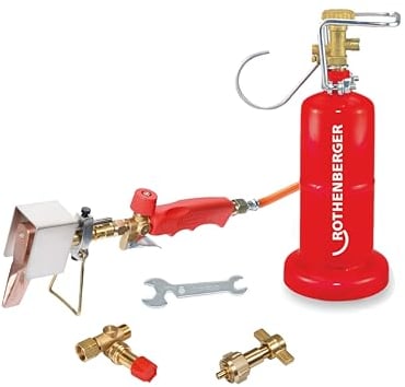 ROTHENBERGER Industrial Dachrinnen Fallrohr Lötset Kupferlötkolben inklusive 2,0 m Propangas-Schlauch, Handwerkerflasche 0,5 kg, Propanregler 0,5-6 bar, Propanumfüllstutzen, 800°C Arbeitstemperatur