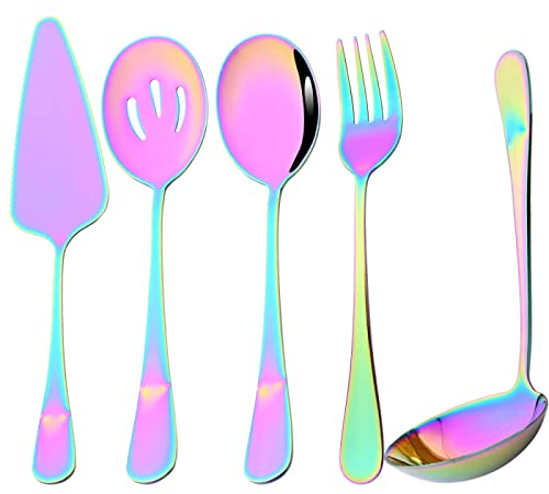 TVSKWMRQ Juego de vajilla Dorada de 5 Piezas, Cubiertos de Acero Inoxidable, Utensilios para Servir, arcoíris