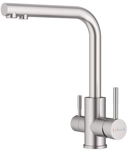 APPASO 3 Wege Wasserhahn Küche, 3 in 1 Mischbatterie Küche für Wasserfilter, 360° Drehbar Armatur Küche, Edelstahl Gebürstet 2 Hebel Trinkwasserhahn, Drei Wege Armatur