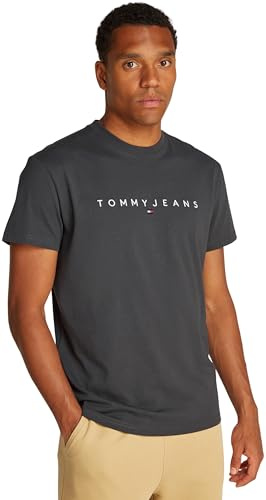 Tommy Jeans Herren T-Shirt Kurzarm Linear Logo Baumwolle, Grau (Washed Black), S