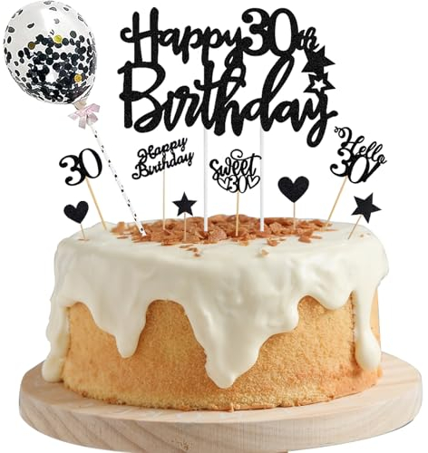 ALEGRE Schwarz Tortendeko 30. Geburtstag Mann Frau, Glitzer Cake Topper, 10 Stück Happy 30th Birthday Kuchen Deko, Hello 30 Torten Deko, Sweet 30 Tortenstecker