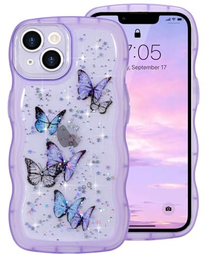 ROSEHUI for iPhone 15 Case,Cute Butterfly Curly Wave Phone Case with Sparkly Glitter Bling Star,Clear Anti-Yellowing Camera Protection Soft TPU Shockproof Protective Cover for Girls-Purple