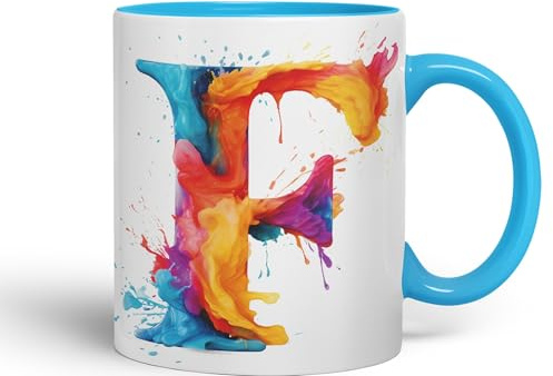 Vixar Letter F Mug, Alphabet Letter F Monogram Watercolour Ceramic Coloured Mug Cup for Tea Coffee Hot Brew 330ml 11Oz Gift (L Blue)