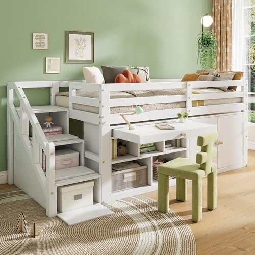 Sapgaks Lit superposé Enfant 90x200 tiroirs,lit cabane Enfants avec Rangement,lit Mezzanine 2 Places escalier,lit Enfant avec Barriere,lit Mezzanine escalier,lit superposé avec Bureau,Blanc