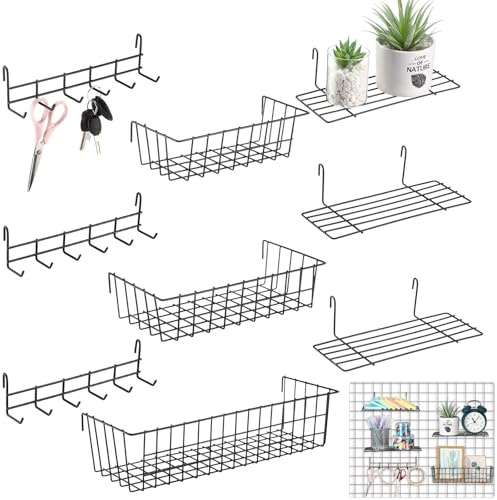 Yaocom 9 Stück Gitter-Wandregale, Gitterwandpaneelzubehör, schwarz | Wandgitter-Panel-Hängekorb mit Haken, 3 Körbe, 3 Drähte, gerades Regal, 3 Haken, Regal für Zuhause, Aufbewahrung