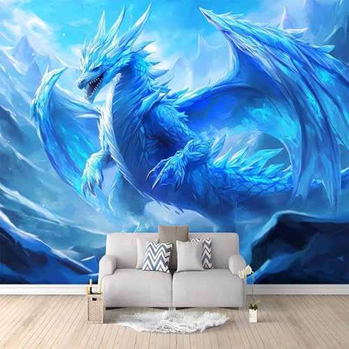 Photo Wallpaper Majestic ice Dragon Glittering Non-Woven Wall Art 250 x 175 cm Wallpaper Murals Living Room Bedroom TV Backdrop Decoration Wall Covering Blue