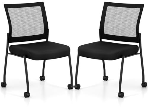 COSTWAY Konferenzstühle 2er Set, stapelbare Besucherstühle mit Rollen, Netzrücken & gepolsterter Sitz, armlose Stapelstühle für Büro, Konferenz, Schwarz