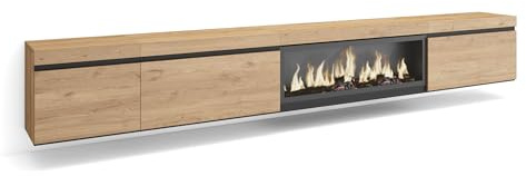 Skraut Home | TV-Schrank, Lowboard | für Wohnzimmer und Esszimmer | 317x45x35 cm | Elektrokamin XXL | Hängend | Moderner Stil | Eiche