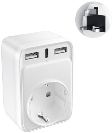 Adaptador Enchufe Ingles UK Inglaterra Adaptador de Viaje con 2 USB A y Tipo C, Español 2 Patas Europa hacia 3 Patas Reino Unido RU para Irlanda Escocia Britanico Maldivas (Tipo G)