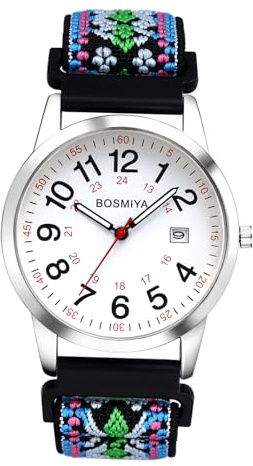 JewelryWe Boho Uhr mit Geflochten Elastischem Stoffarmband Damen Herren Kalender Analog Quarz Armbanduhr Farbig Gewebt Stretcharmband Senioren Uhr mit 12/24 Stunden Großen Zahlen Zifferblatt