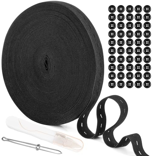 Bande élastique de 30 m avec œillets à boutons, bande élastique noire de 20 mm avec 50 boutons, élastique pour pantalon, cordon en caoutchouc élastique pour la maison, le bricolage