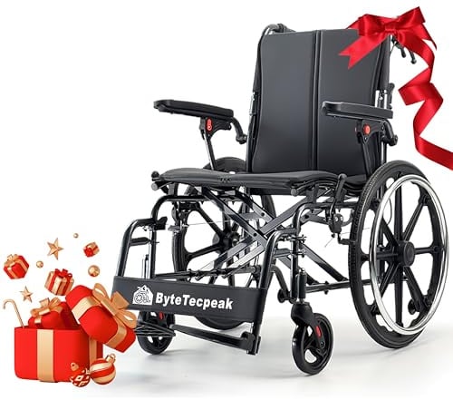 ByteTecpeak M4 Fauteuil Roulant Pliable Léger à Auto-Propulsion, Cadre Aluminium, Double Assise Rembourrée, Roues Avant Amorties, Roues AR 51 cm, Accoudoirs Relevables, Pneus Anti-crevaison