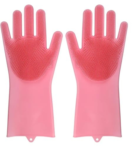 ENWWCH Guantes de limpieza for lavavajillas, esponja goma silicona, herramientas for el hogar, 3 uds Para Cocina(Pink)