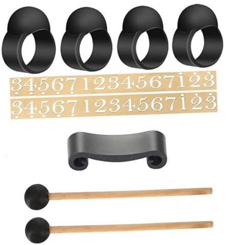 Zungentrommel Fingerpicks 9 Stück mit Schlägeln und Aufklebern | Silikon und Kunststoff, 15/14/13,5/12,5mm Innenmaß, für Handpan Übung