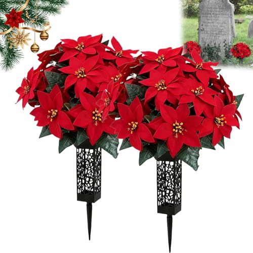 Christmas Poinsettia Cemetery Flowers for Grave,Artificial Large Red Velvet Poinsettia Bouquets with Vases for Outdoor Grave Decorations,Faux Tree Fake Plants for Christmas Decor (Red 2pcs)
