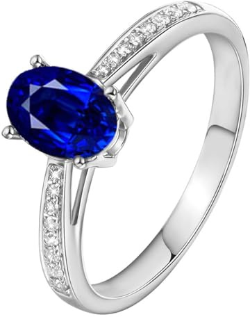 Wycian Freundschaftsringe Silber Goldring Damen 18 Karat Echtgold Im Labor Hergestellter Saphir Ovaler 4-Zinken Größe 58 (18.5) Massiv, Nicht Plattiert Beliebt Jubiläum Schmuck