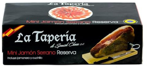 La Taperia spanischer Schinken am Stück Reserva - 1x 950g Set - Jamon in Premium-Qualität, mindestens 14 Monate gereift, mit Holzhalter und Schinkenmesser, praktische Geschenk-Box als Tapas