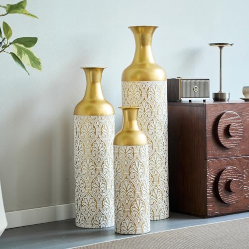 Bodenvase groß 3er Set Gold (50/66/83 cm) - Große Deko Metallvasen mit Blumenmuster, Übertöpfe für Pflanzen als Zimmerdeko für Wohnzimmer, Flur & Büro im Vintage Design, Gold/Weiß