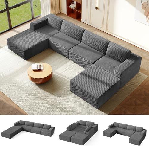 Vesgantti 404 cm Groß Modulares U-förmiges Ecksofa mit Schlaffunktion, 4‑Sitzer Cordsofa mit Federkern, Extra Tiefe Sitzfläche, Boneless Schlafcouch, Für Wohnzimmer, Ohne Montage, Grau