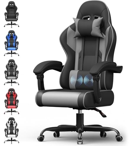 Devoko Gaming Stuhl mit Massagefunktion, Bürostuhl Ergonomisch mit Verstellbarer Ruckenlehne (90-135), Schreibtischstuhl mit Bewegliche Armlehne, max 135kg, Grau