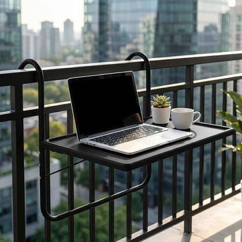 IlGruppone Tavolo da Ringhiera Ribaltabile 53x40 cm - Tavolino da Balcone Salvaspazio per Esterni, Struttura Pieghevole in Metallo Resistente, Altezza Regolabile - Mini Tavolo Appeso - Nero