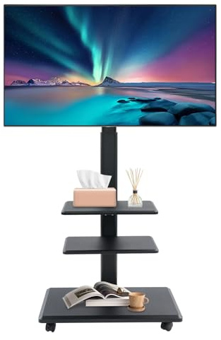 Wheeled portable TV Screen Stand and Computer Monitor Stand, Equipped with Tier Shelves, Height and Angle Adjustable Rolling Cart, Portable TV Trolley for 32-70 inch Flat Curved up to 45kg (Black)