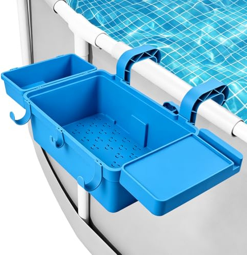 Pool Aufbewahrungskorb,Poolkorb zum Einhängen mit Getränkehalter und Ablage | Stabil, Platzsparend, aus recyceltem Kunststoff für oberirdische Pools, Blau
