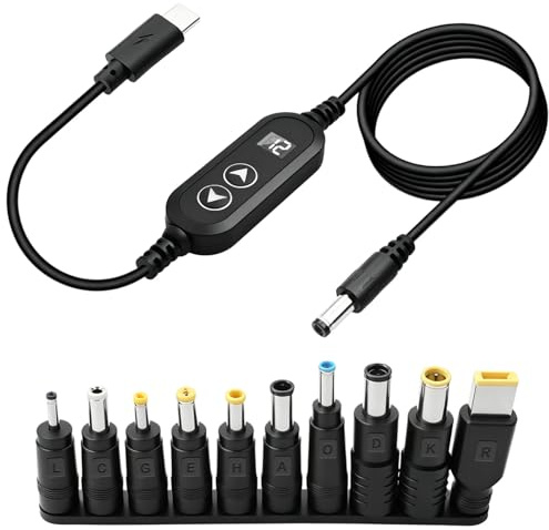 Syluxa USB C to DC Adapter Power Cable 65W PD Fast Charging Adjustable Voltage 5V 9V 12V 15V 20V Type C to 5.5x2.1mm Plug Universal Trigger Lead with 10 Conversion Heads