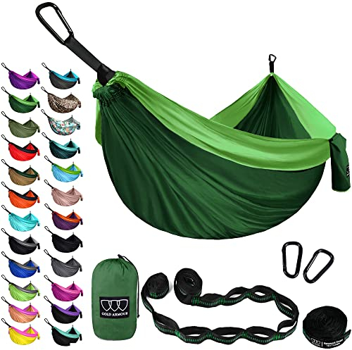 Gold Armour Camping Hängematte - Extra große Doppel Fallschirm Hängematte (2 Baumgurte 32 Schlaufen, 29 Farben/Muster) Leichte Nylon Erwachsene Kinder, (Grün)