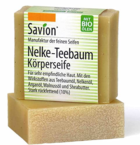 Savion Naturseife Nelke-Teebaum gegen Juckreiz & Ekzeme | Für trockene & empfindliche Haut | Hoch rückfettend (10%) | Vegan | Made in Germany
