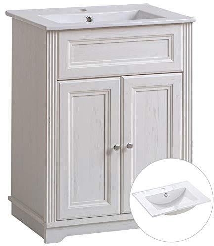 Lomadox Landhaus Badmöbel 60cm Waschtisch-Unterschrank Pinie weiß mit Keramik-Waschbecken